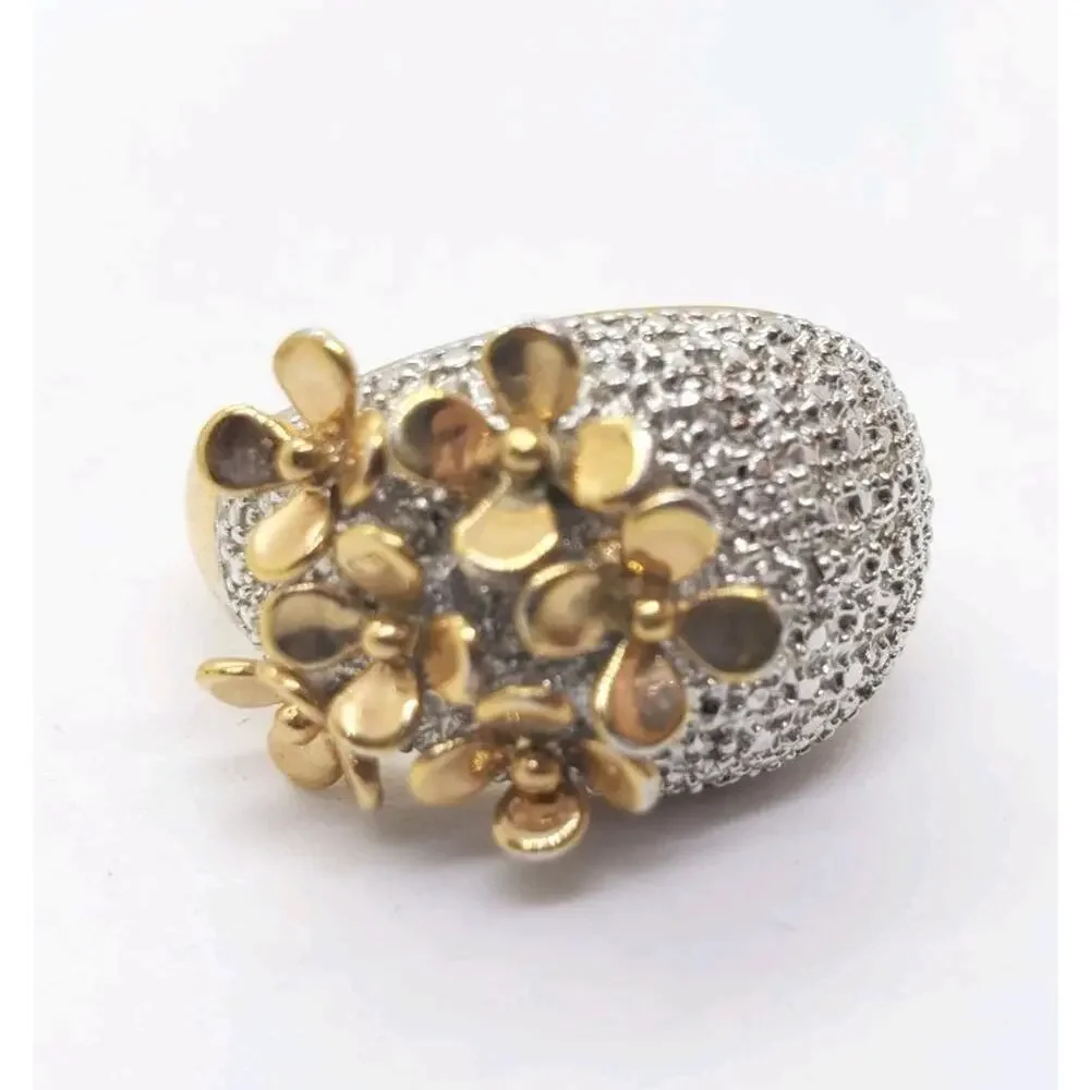 Ring 3D Flower Gold & Silver Statement Sz 10.25 Boho